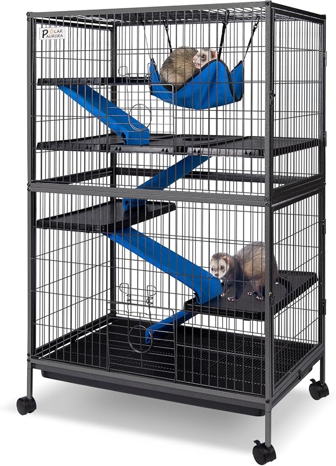 Metal Small Animal Cage 5 Tiers Homes for Pets Removable Ferret Cage with Lockable Wheels, 50" H Deluxe Chinchilla Cage with Hammock and Removable Tray