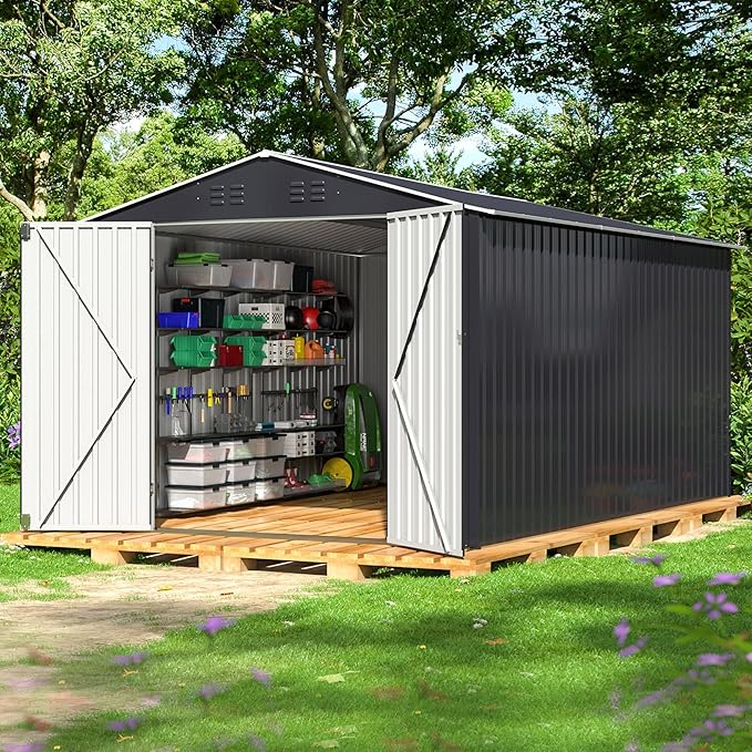 Polar Aurora 8x11.7 FT Outdoor Storage Shed, Metal Garden Shed with Updated Frame Structure, Tool Sheds for Backyard Garden Patio Lawn Black
